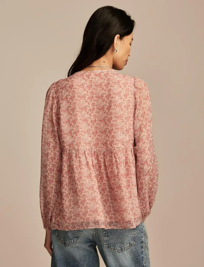 Lucky Brand Blouses Women Open Neck Printed Peasant Top Rose Multi