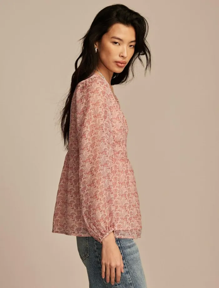 Lucky Brand Blouses Women Open Neck Printed Peasant Top Rose Multi