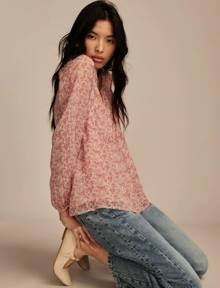 Lucky Brand Blouses Women Open Neck Printed Peasant Top Rose Multi