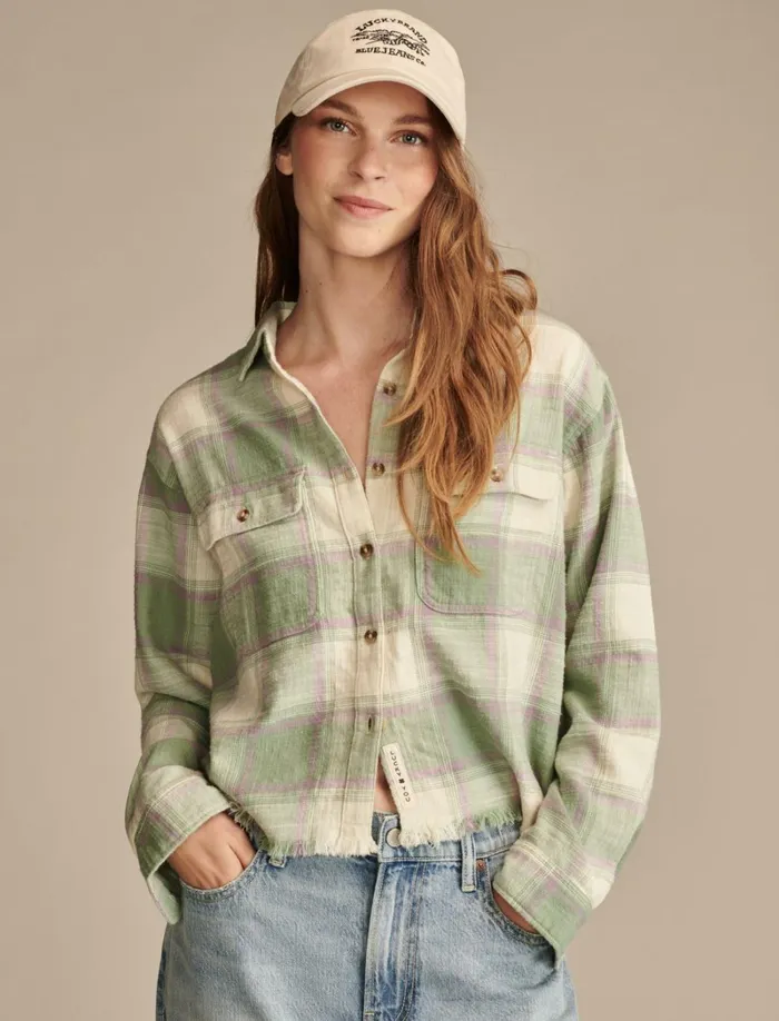 Lucky Brand Blouses Women Raw Edge Flannel Cropped Button Down Shirt Green Plaid