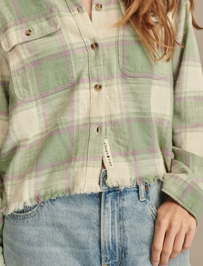 Lucky Brand Blouses Women Raw Edge Flannel Cropped Button Down Shirt Green Plaid