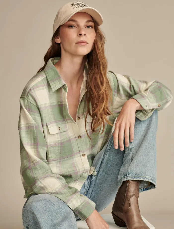 Lucky Brand Blouses Women Raw Edge Flannel Cropped Button Down Shirt Green Plaid