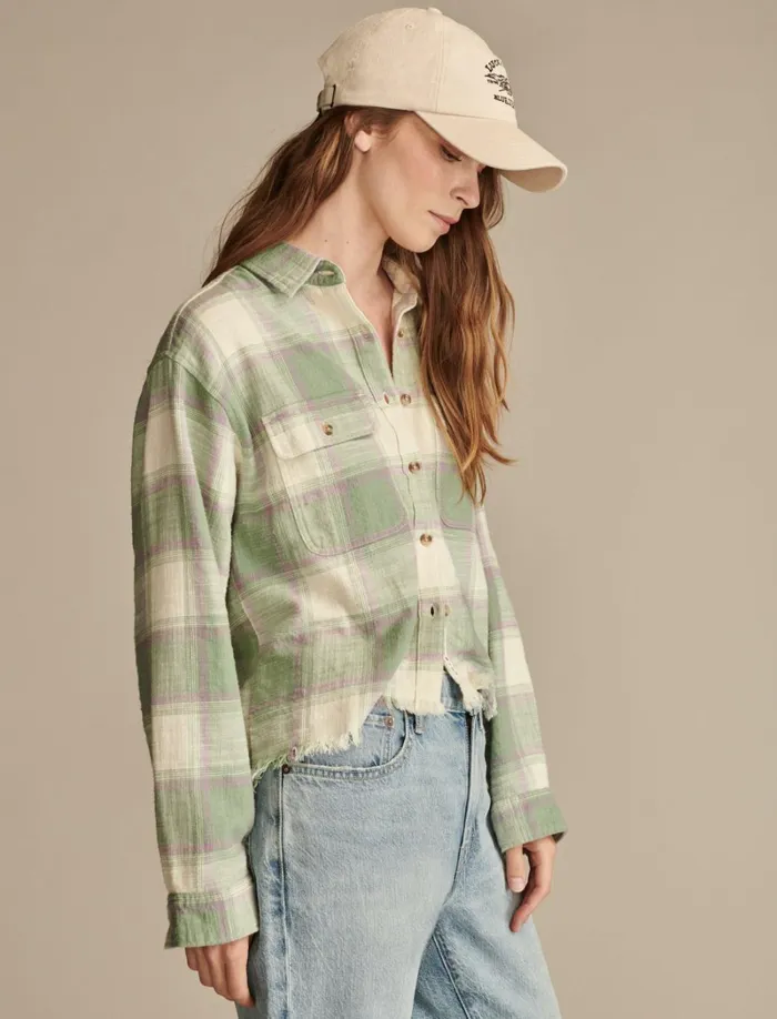 Lucky Brand Blouses Women Raw Edge Flannel Cropped Button Down Shirt Green Plaid