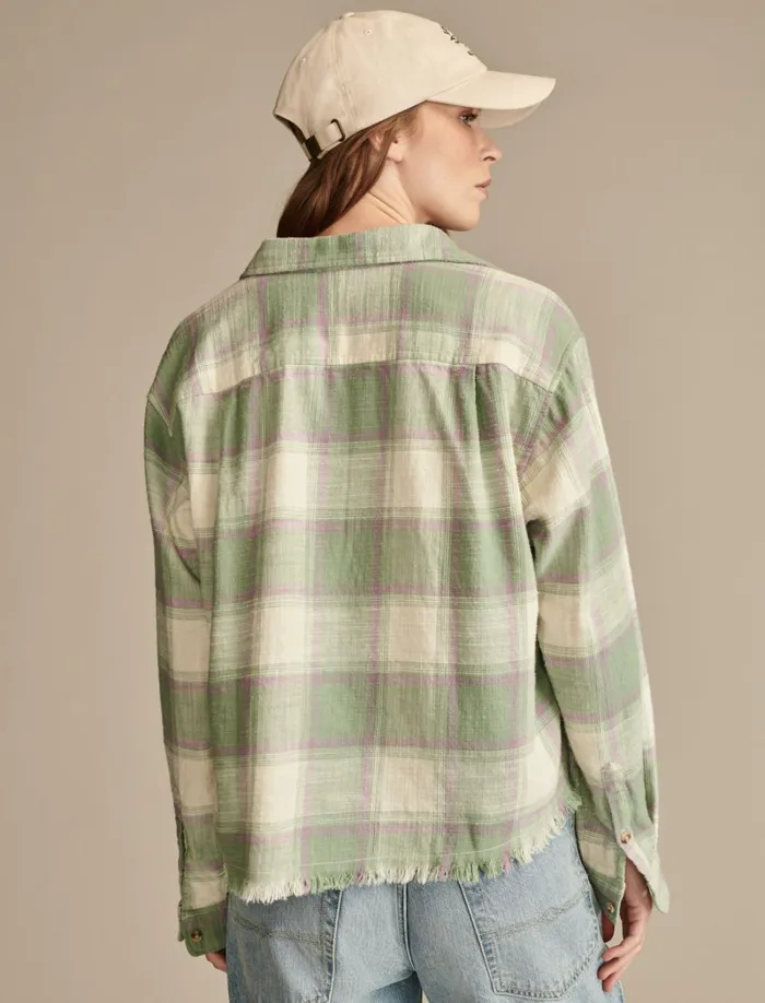 Lucky Brand Blouses Women Raw Edge Flannel Cropped Button Down Shirt Green Plaid