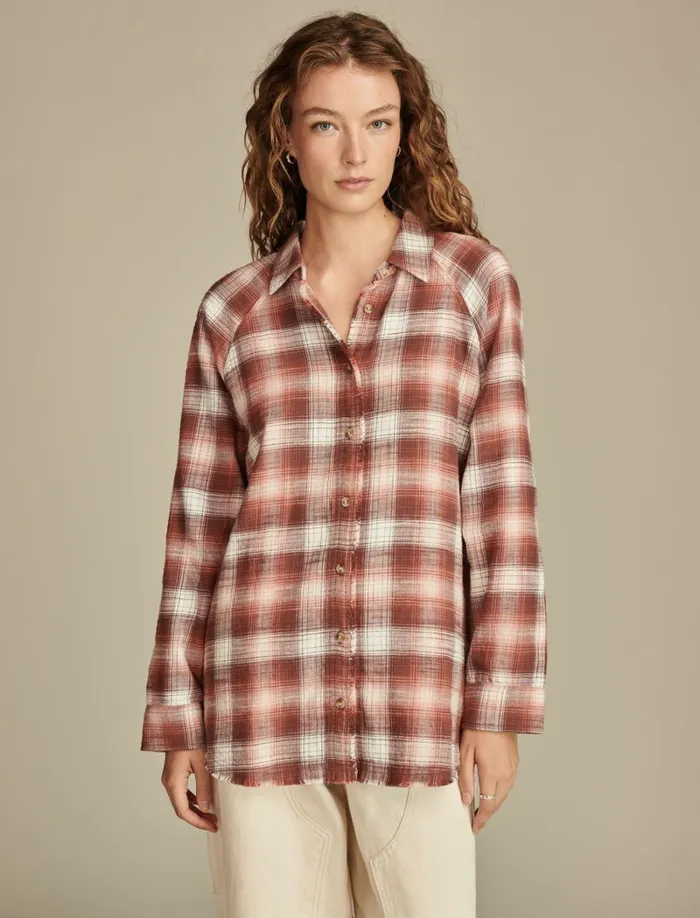 Lucky Brand Blouses Women Tunic Plaid Flannel Shirt Brown Plaid