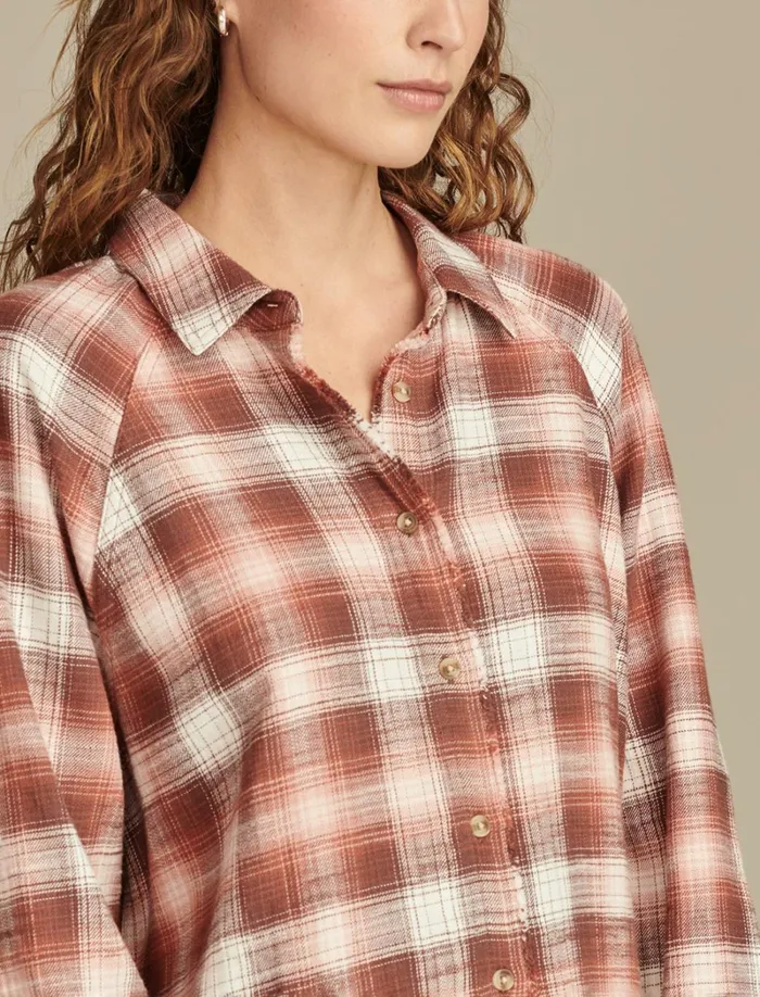 Lucky Brand Blouses Women Tunic Plaid Flannel Shirt Brown Plaid
