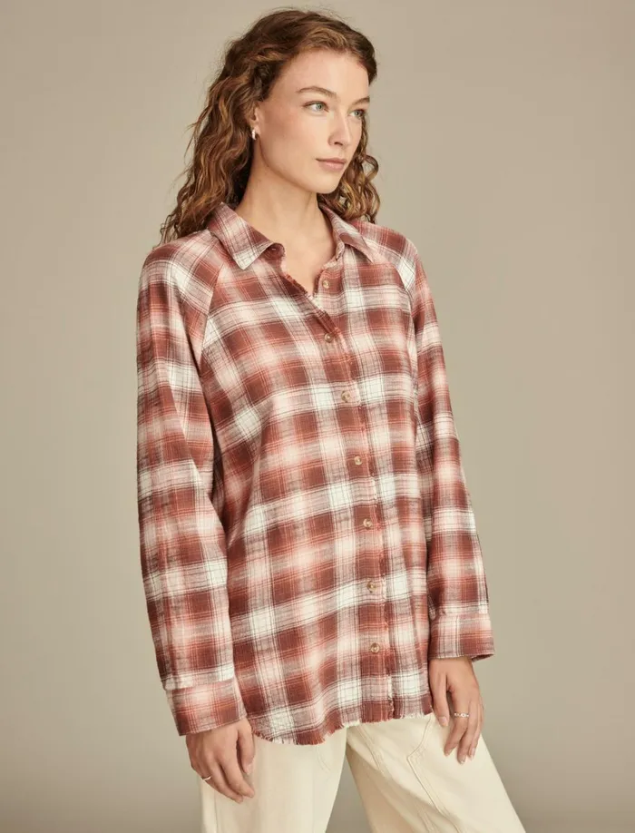 Lucky Brand Blouses Women Tunic Plaid Flannel Shirt Brown Plaid