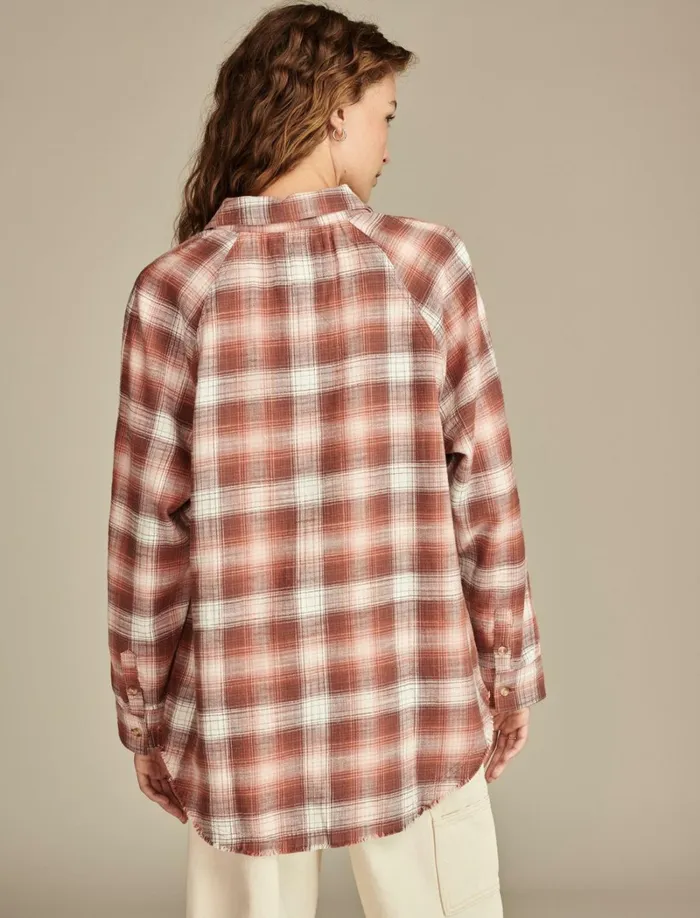 Lucky Brand Blouses Women Tunic Plaid Flannel Shirt Brown Plaid