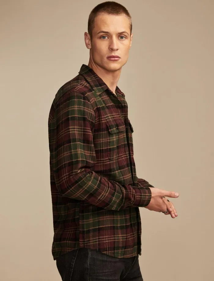 Lucky Brand ButtonDowns Men Big Slub Twill Plaid Long Sleeve Utility Shirt Burgundy Multi