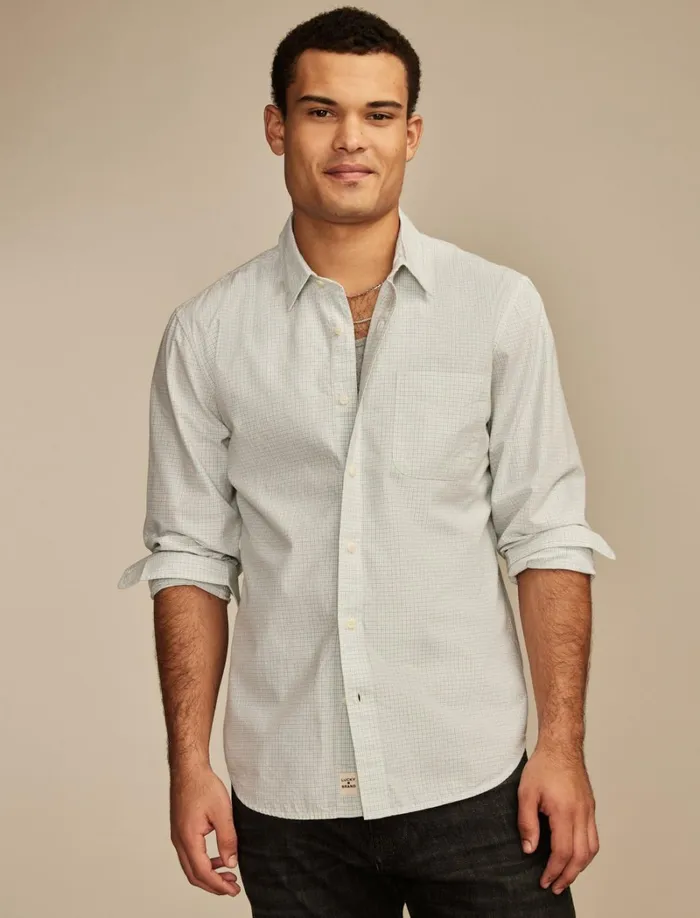 Lucky Brand ButtonDowns Men Plaid One Pocket Poplin Long Sleeve Shirt White Multi
