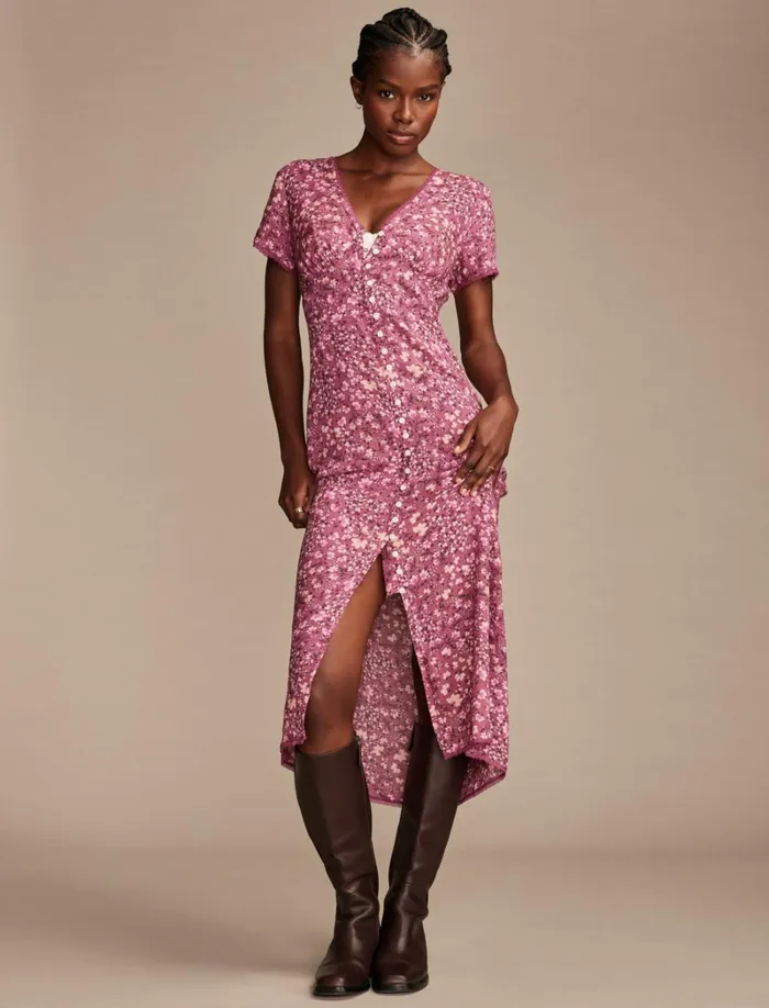 Lucky Brand Dresses Women Lace Trimmed Button Front Midi Dress Berry Multi