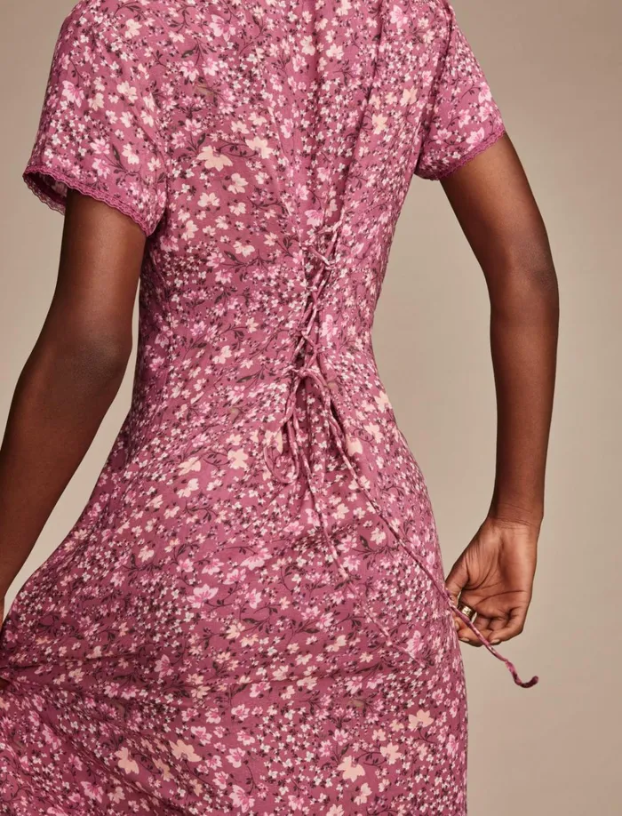 Lucky Brand Dresses Women Lace Trimmed Button Front Midi Dress Berry Multi