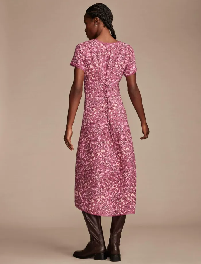 Lucky Brand Dresses Women Lace Trimmed Button Front Midi Dress Berry Multi