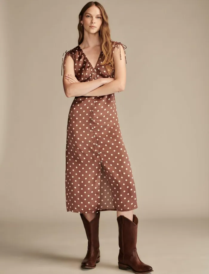 Lucky Brand Dresses Women Satin Button Through Midi Dress Maroon Dot