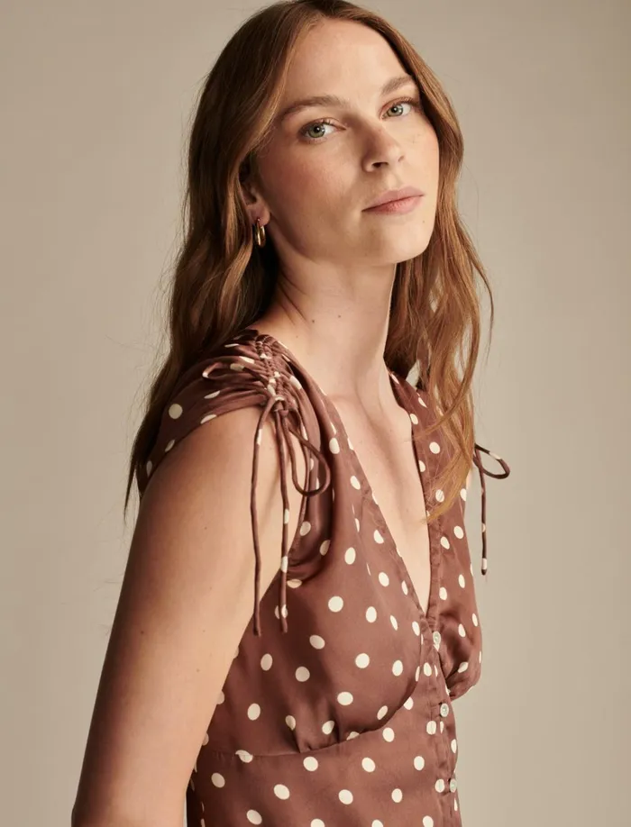 Lucky Brand Dresses Women Satin Button Through Midi Dress Maroon Dot