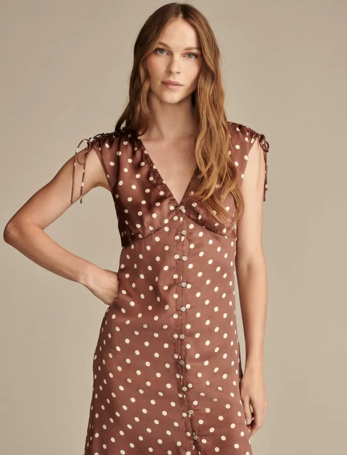 Lucky Brand Dresses Women Satin Button Through Midi Dress Maroon Dot