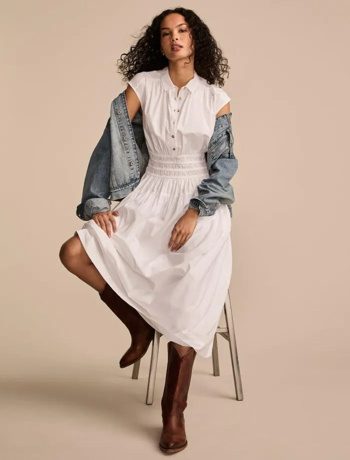 Lucky Brand Dresses Women Solid Smocked Dropped Waist Midi Dress Bright White