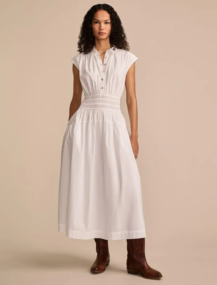 Lucky Brand Dresses Women Solid Smocked Dropped Waist Midi Dress Bright White