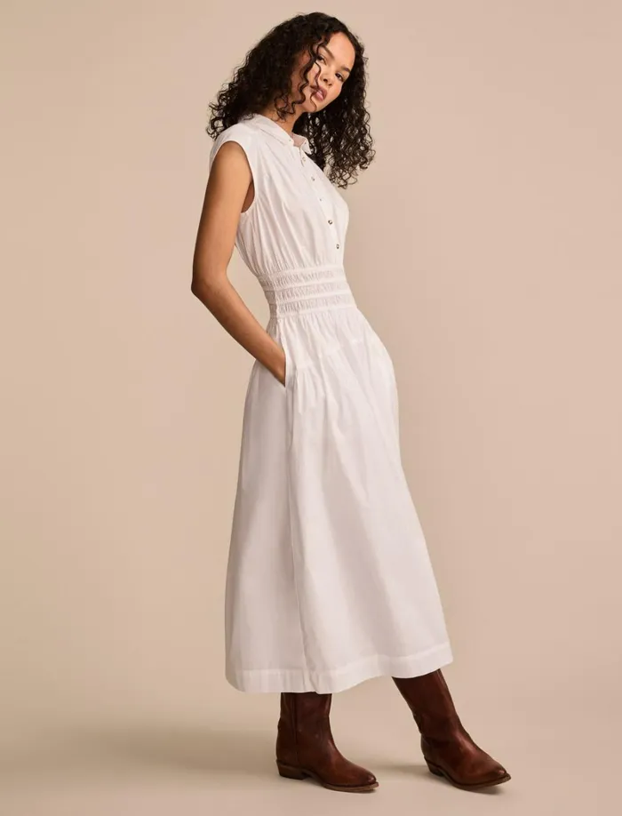 Lucky Brand Dresses Women Solid Smocked Dropped Waist Midi Dress Bright White