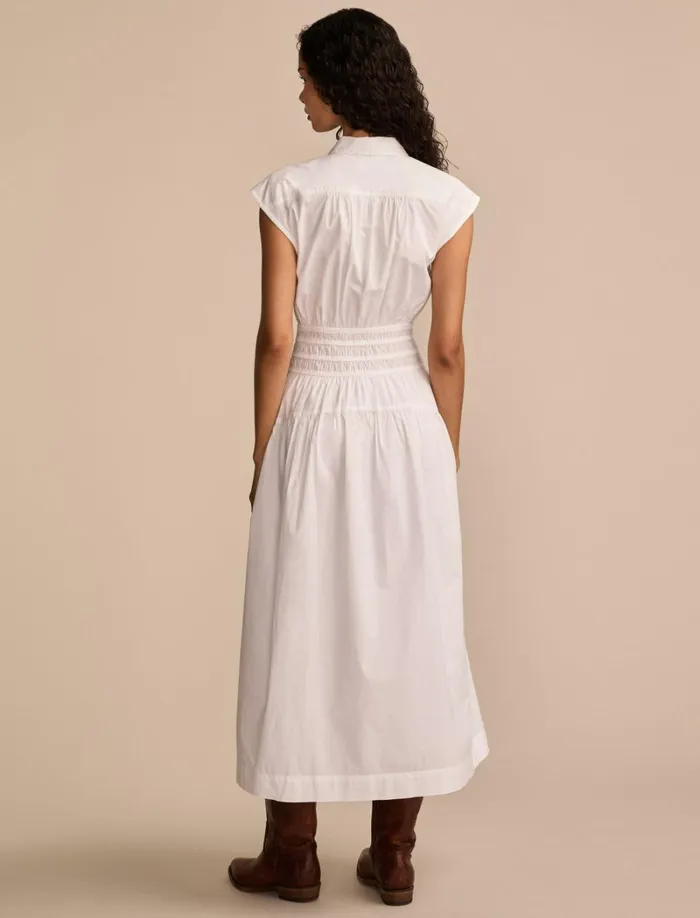 Lucky Brand Dresses Women Solid Smocked Dropped Waist Midi Dress Bright White
