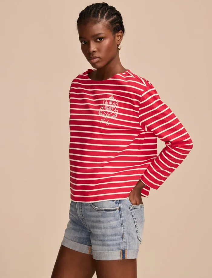 Lucky Brand Graphic Tees Women Breton Long Sleeve Tee Red Stripe