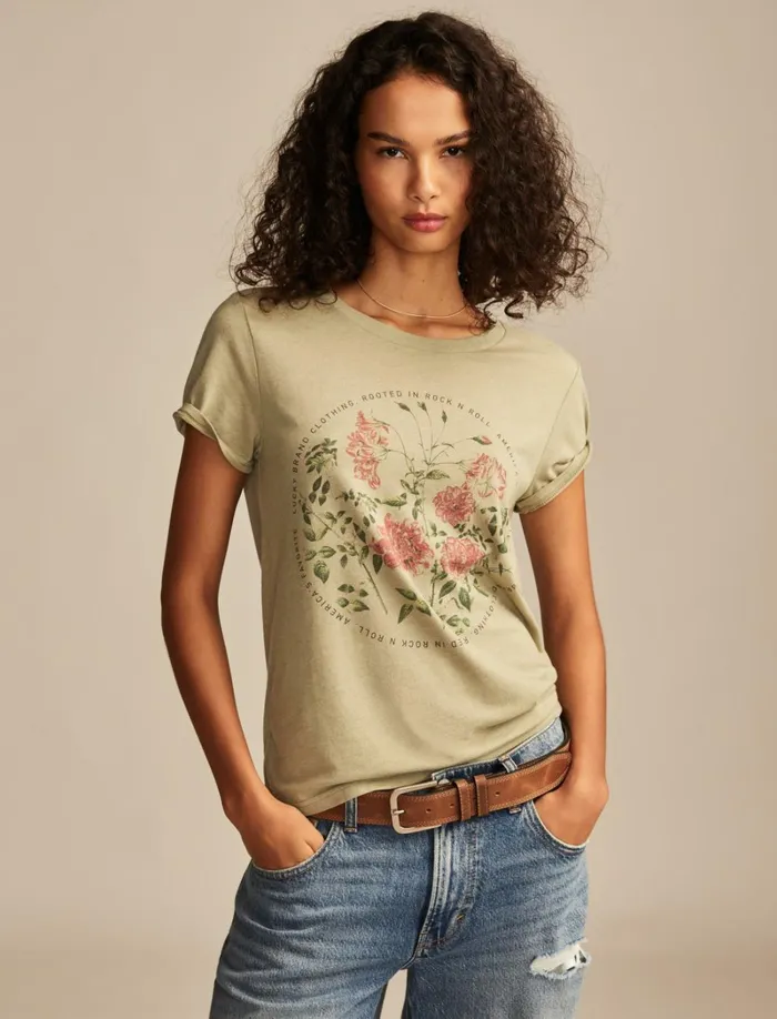 Lucky Brand Graphic Tees Women Circular Floral Classic Crew Sea Grass