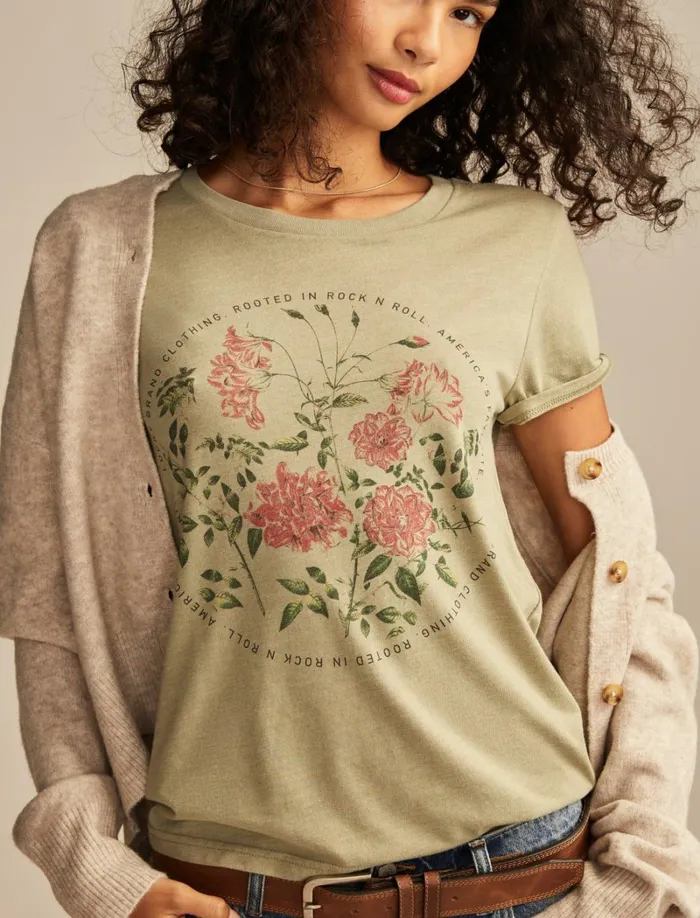 Lucky Brand Graphic Tees Women Circular Floral Classic Crew Sea Grass