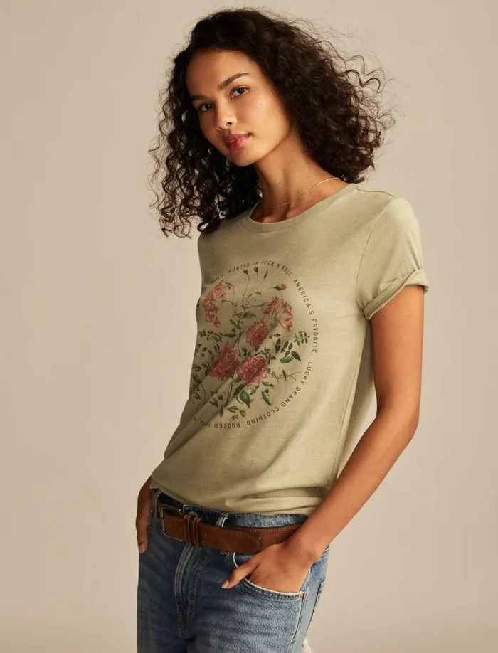Lucky Brand Graphic Tees Women Circular Floral Classic Crew Sea Grass