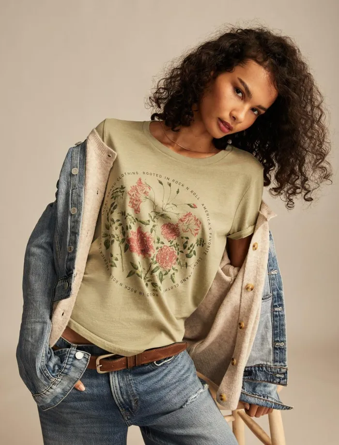 Lucky Brand Graphic Tees Women Circular Floral Classic Crew Sea Grass