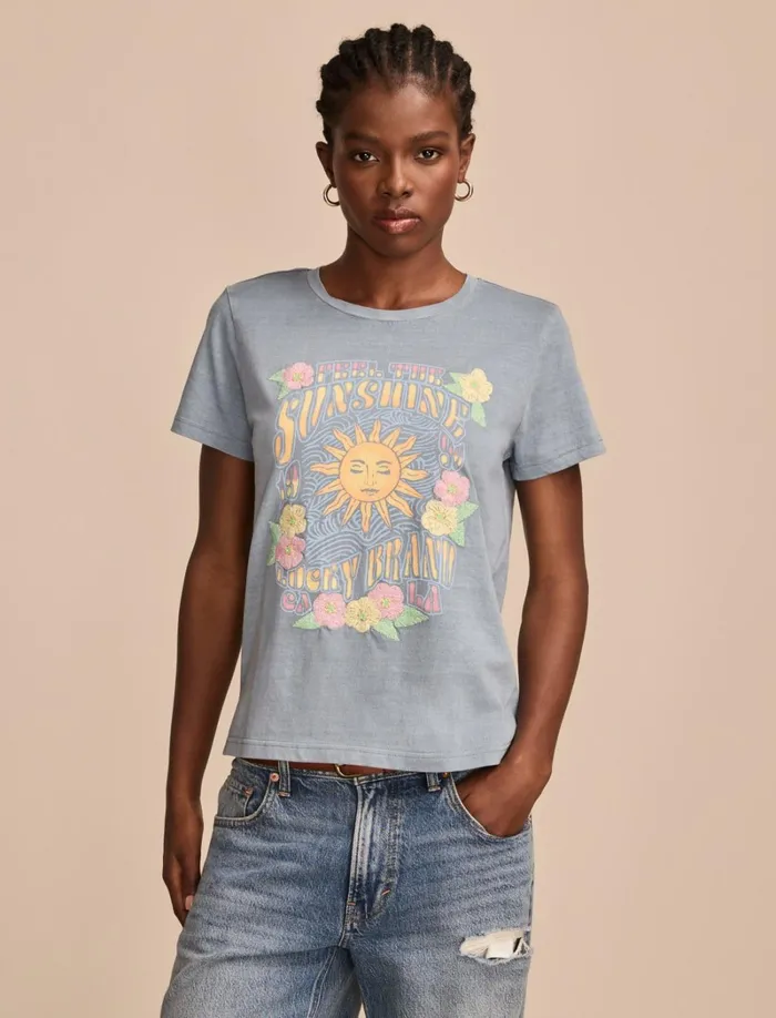 Lucky Brand Graphic Tees Women Feel The Sunshine Classic Crew Faded Denim