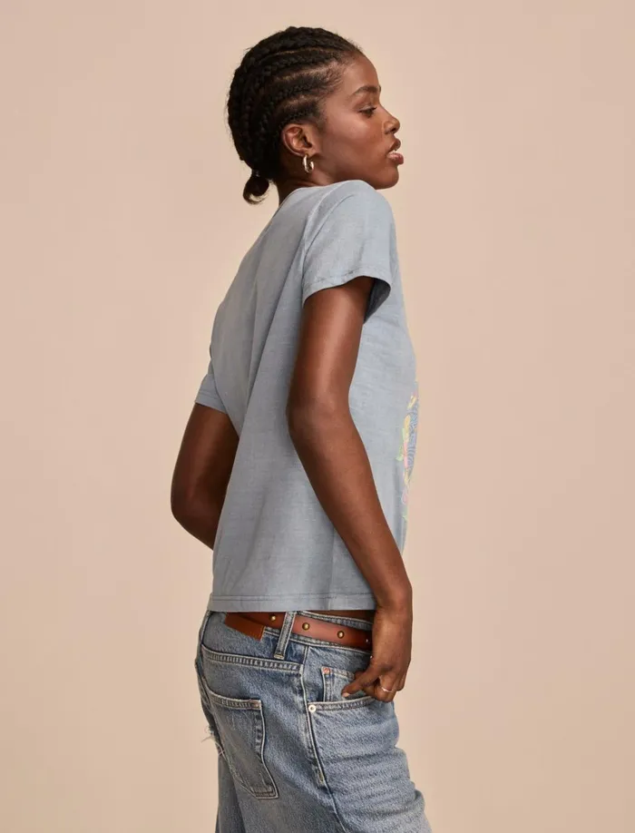 Lucky Brand Graphic Tees Women Feel The Sunshine Classic Crew Faded Denim