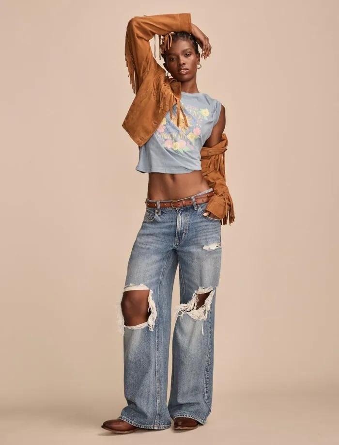 Lucky Brand Graphic Tees Women Feel The Sunshine Classic Crew Faded Denim