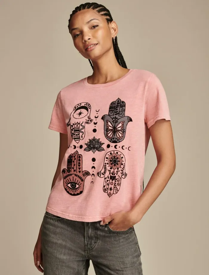 Lucky Brand Graphic Tees Women Hamsa Hands Classic Crew Peach Blossom