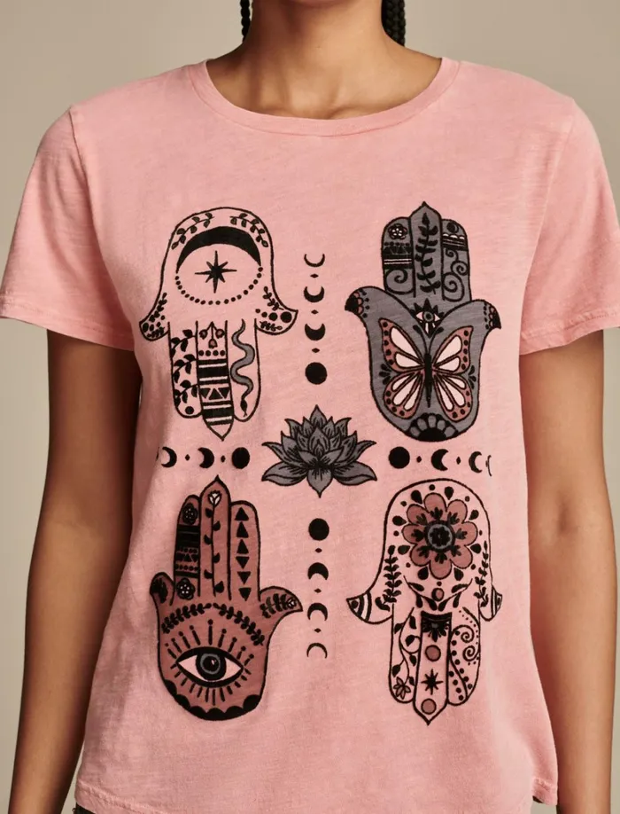 Lucky Brand Graphic Tees Women Hamsa Hands Classic Crew Peach Blossom