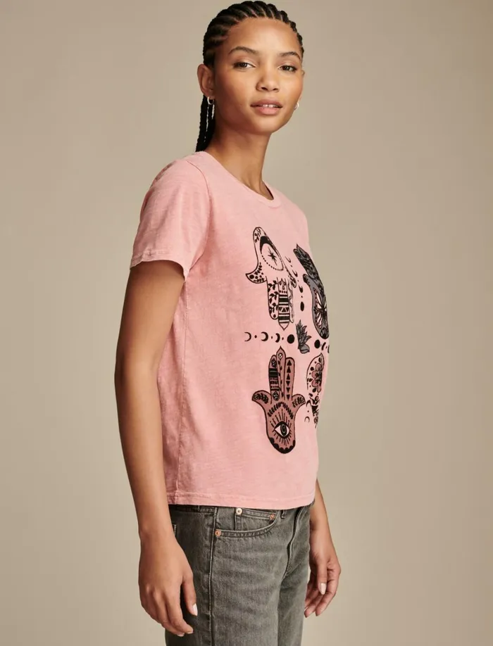 Lucky Brand Graphic Tees Women Hamsa Hands Classic Crew Peach Blossom