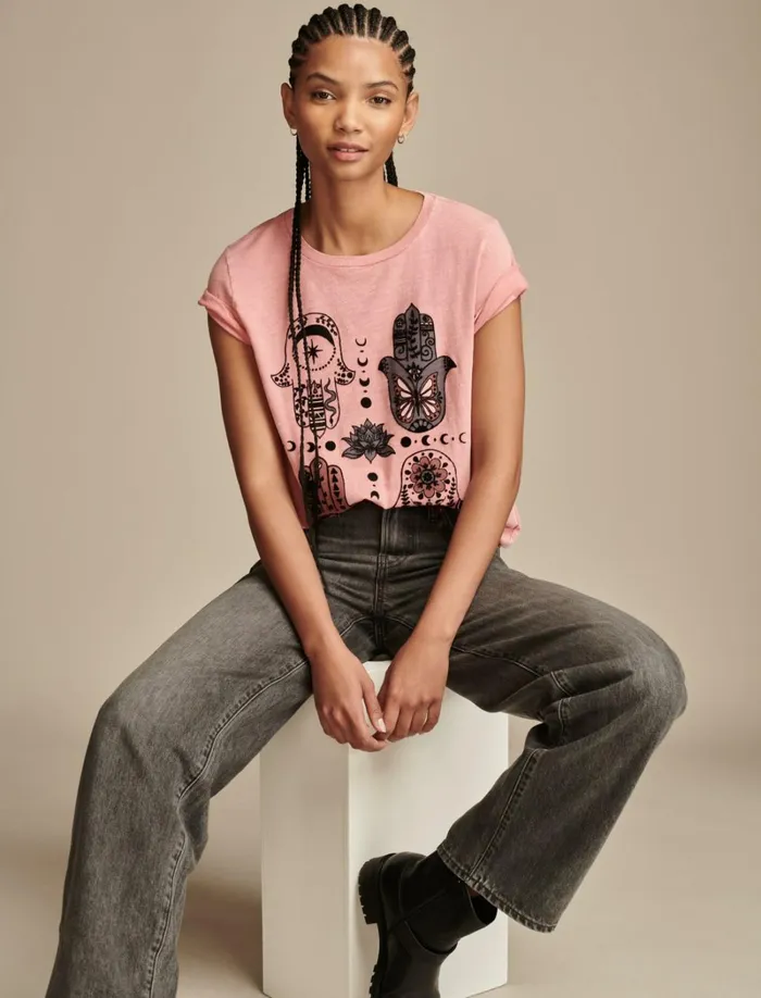 Lucky Brand Graphic Tees Women Hamsa Hands Classic Crew Peach Blossom