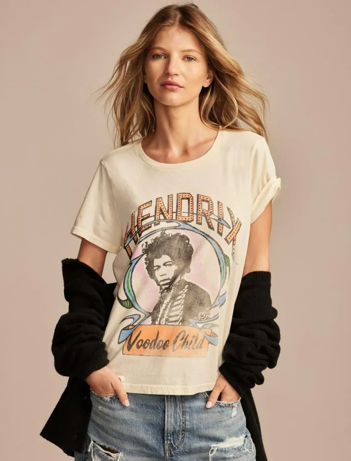 Lucky Brand Graphic Tees Women Hendrix Voodoo Boyfriend Tee White Asparagus