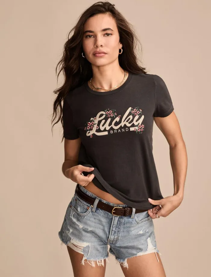 Lucky Brand Graphic Tees Women Lucky Floral Applique Classic Crew Iron Ore