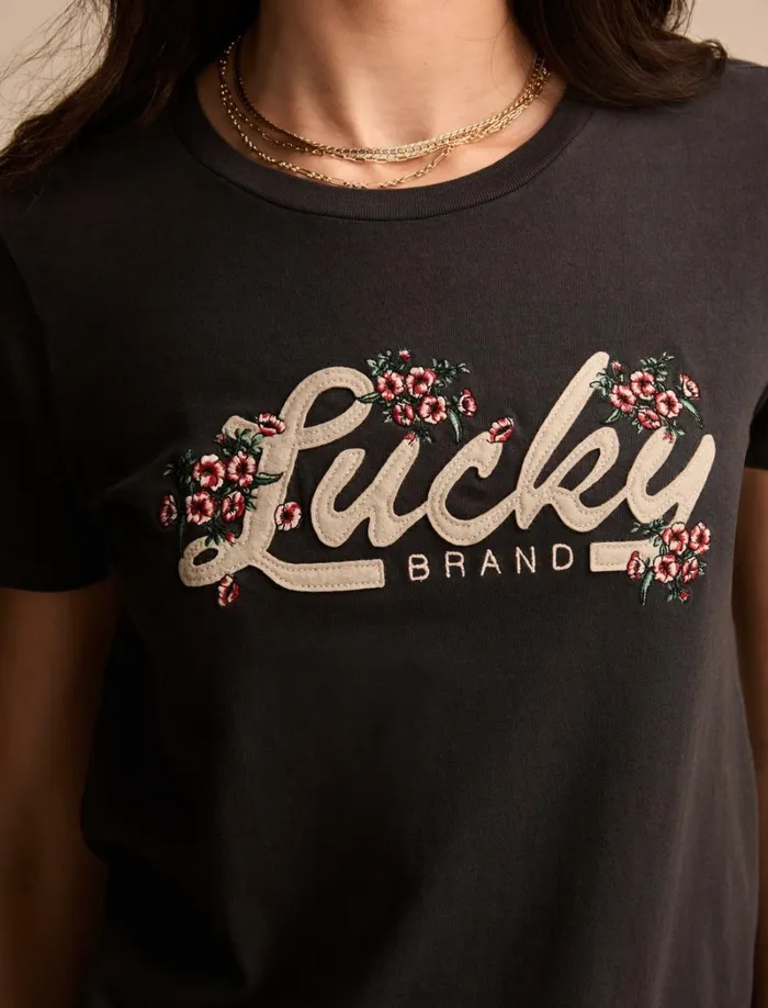 Lucky Brand Graphic Tees Women Lucky Floral Applique Classic Crew Iron Ore