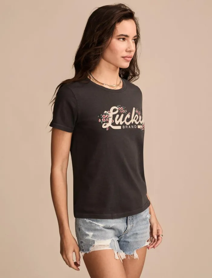 Lucky Brand Graphic Tees Women Lucky Floral Applique Classic Crew Iron Ore