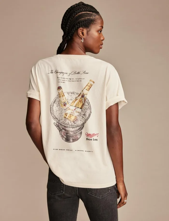 Lucky Brand Graphic Tees Women Miller Champagne Of Beer Boyfriend Tee Silver Birch