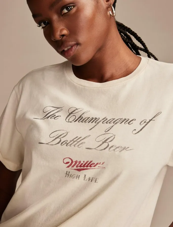 Lucky Brand Graphic Tees Women Miller Champagne Of Beer Boyfriend Tee Silver Birch