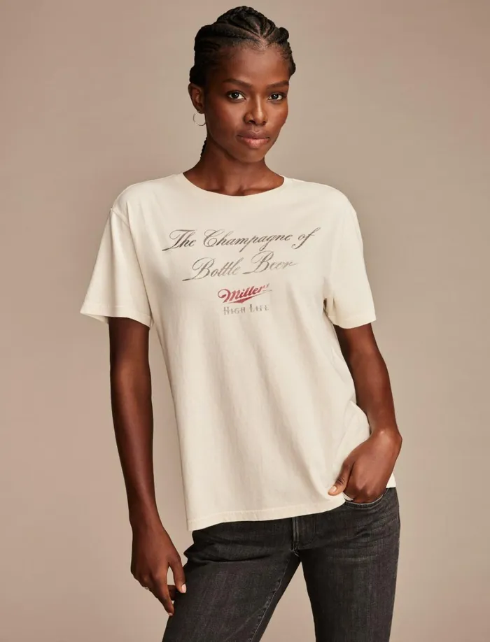Lucky Brand Graphic Tees Women Miller Champagne Of Beer Boyfriend Tee Silver Birch