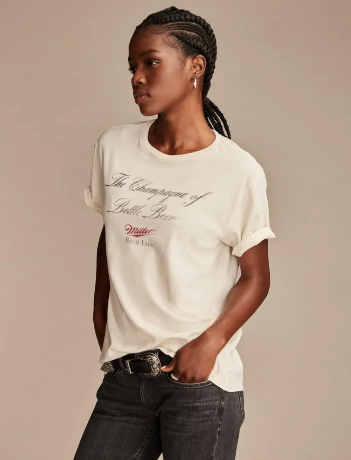 Lucky Brand Graphic Tees Women Miller Champagne Of Beer Boyfriend Tee Silver Birch