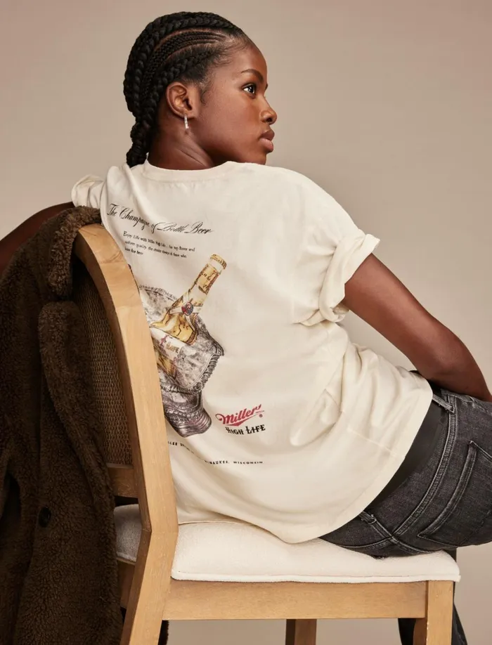 Lucky Brand Graphic Tees Women Miller Champagne Of Beer Boyfriend Tee Silver Birch