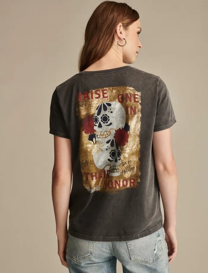 Lucky Brand Graphic Tees Women Modelo Rose Foil Classic Crew Phantom