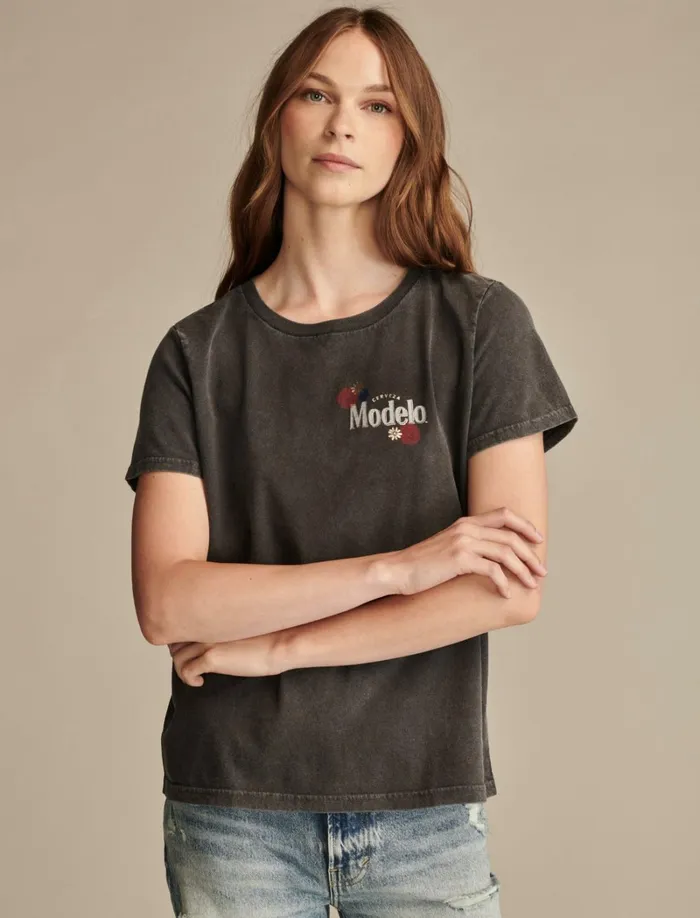 Lucky Brand Graphic Tees Women Modelo Rose Foil Classic Crew Phantom