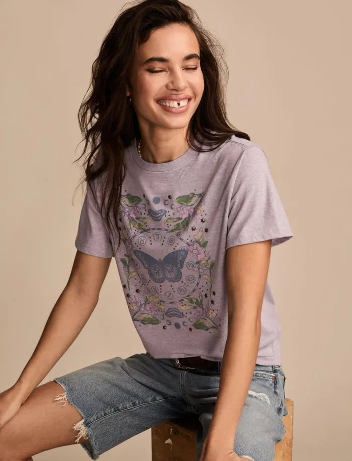 Lucky Brand Graphic Tees Women Zodiac Butterfly Boyfriend Tee Lavender Aura