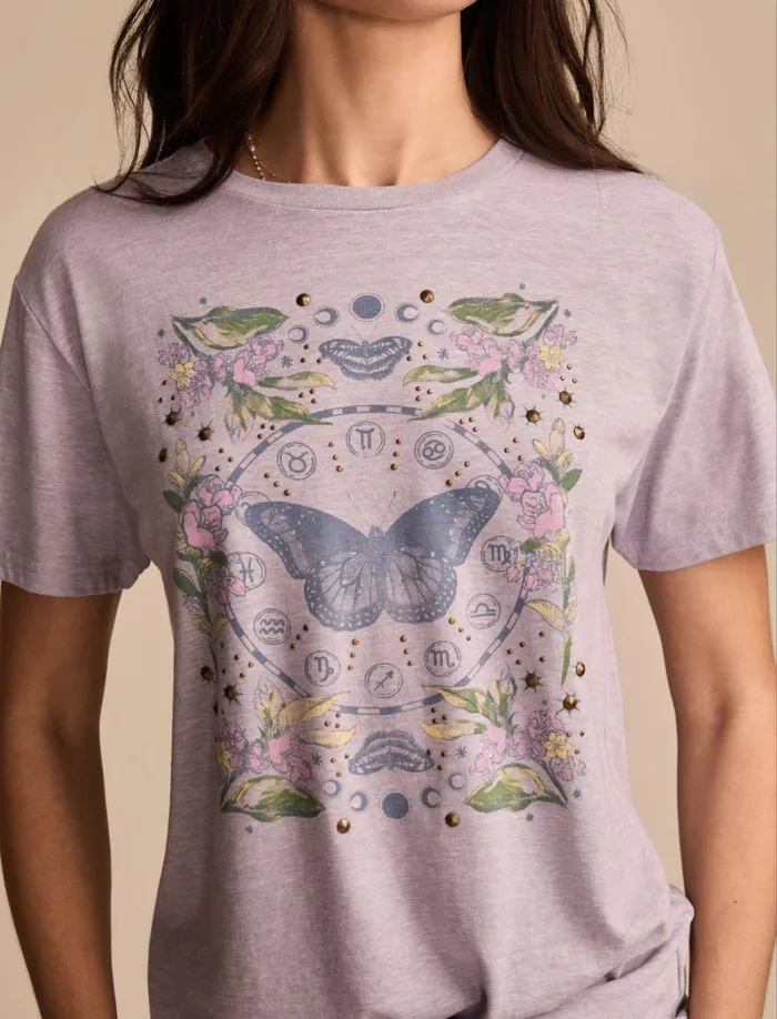 Lucky Brand Graphic Tees Women Zodiac Butterfly Boyfriend Tee Lavender Aura