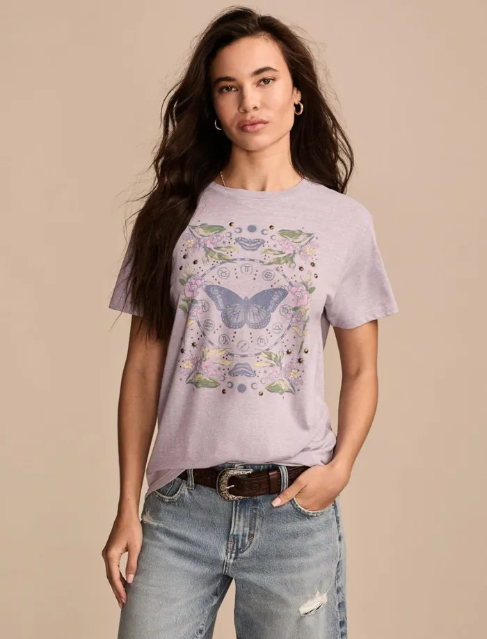 Lucky Brand Graphic Tees Women Zodiac Butterfly Boyfriend Tee Lavender Aura